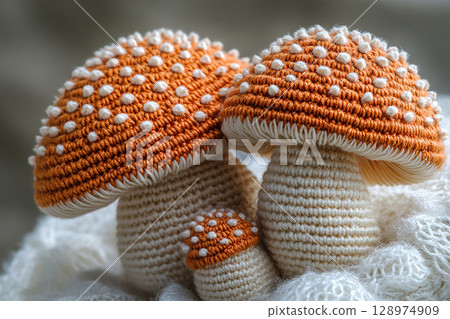 Handmade Love. Crocheted bright mushrooms on a white background. Autumn atmosphere. Creative hobby. 128974909