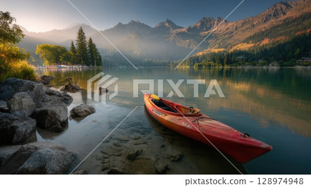 Calm lake at sunrise mountain landscape Calm lake at sunrise mountain landscape 128974948