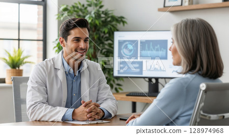 A confident young doctor in a white lab coat talking to a patient in a modern medical office 128974968