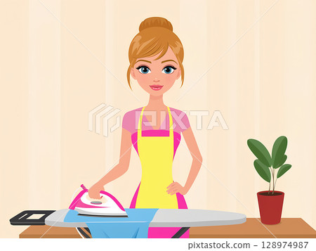 A young caucasian woman, wearing a pink dress and a yellow apron, is standing in front of an ironing board, holding an iron in her right hand, and appears to be ironing clothes. She is positioned in 128974987