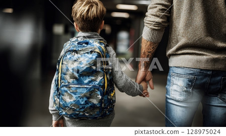 child with school backpack is holding hands mother's child with school backpack is holding hands mother's 128975024