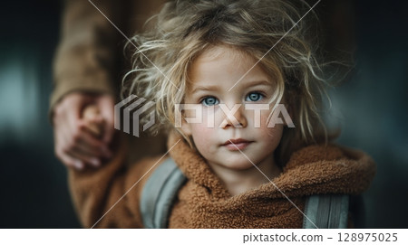 child with school backpack is holding hands mother's 128975025