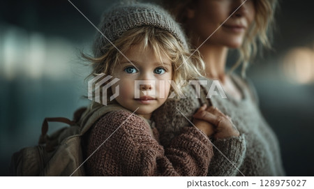 child with school backpack is holding hands mother's 128975027