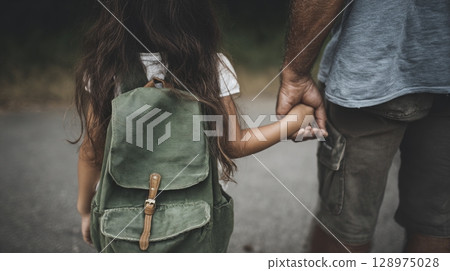 child with school backpack is holding hands mother's 128975028