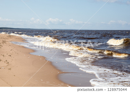 Sunny Summer Day at the Baltic Sea Beach with Breaking Waves and Clean Horizon Sunny Summer Day at the Baltic Sea Beach with Breaking Waves and Clean Horizon 128975044