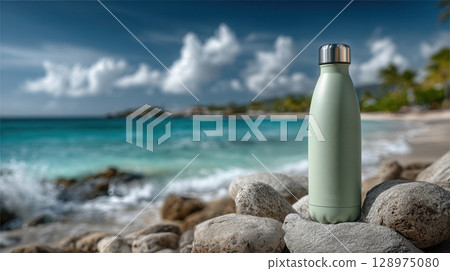 cylindrical water bottle on a beach 128975080