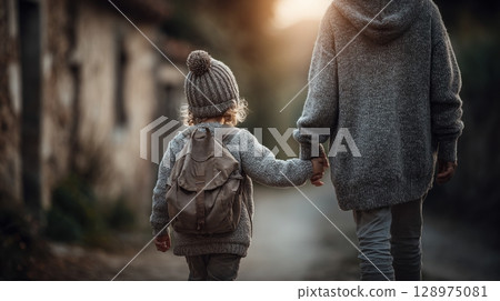 child with school backpack is holding hands mother's 128975081