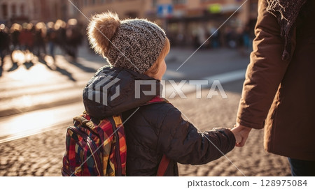child with school backpack is holding hands mother's 128975084