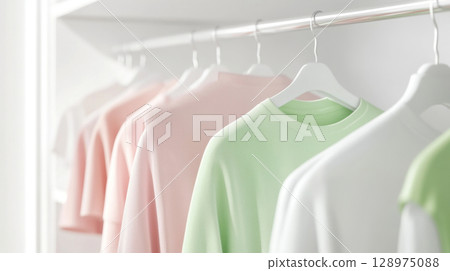 Light pastel clothes on rail, soft colors and minimal design background 128975088