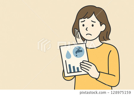 一位女士擔心她的水費的插圖|節水，家庭管理和水費對策的圖片 128975159