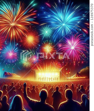 People watching an outdoor festival and fireworks 128975370