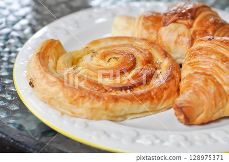 danish or danish pastry dish and croissant ,French croissant or French bread 128975371