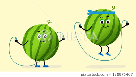Jump Rope, Cute watermelon. The concept of gym, health, fitness, yoga and meditation 128975407