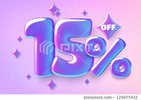 15 percent off sale banner with purple holographic 3d number fifteen and stars on gradient background 128975432