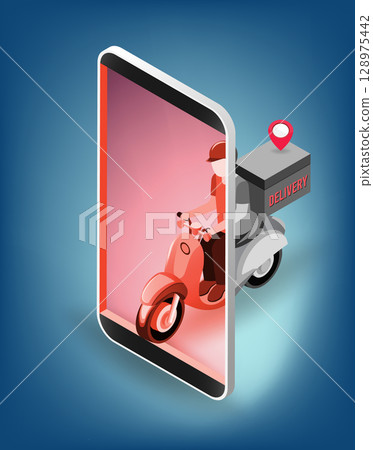 Express delivery by scooter on mobile with parcel box. Online delivery service concept. Express delivery by scooter on mobile with parcel box. Online delivery service concept. 128975442