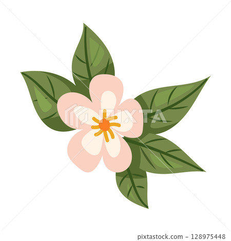 A Beautiful and Delicate Illustration of a Pink Flower Surrounded by Fresh Green Leaves A Beautiful and Delicate Illustration of a Pink Flower Surrounded by Fresh Green Leaves 128975448