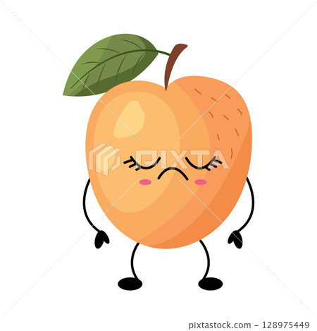An adorable and cute sad peach character featuring a leaf, arms, and a cheerful expression, 128975449