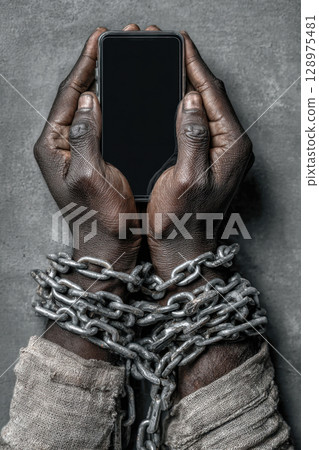 Hands in metal chains holding smartphone Hands in metal chains holding smartphone 128975481