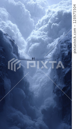 橫跨兩座陡峭懸崖之間狹窄海峽的吊橋 128975504