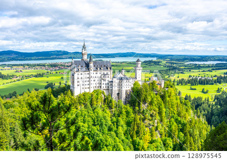 Neuschwanstein Castle rises beautifully from a green hillside in Bavaria, Germany, surrounded by lush forests and distant mountains under a vibrant sky, creating a fairytale ambiance. 128975545