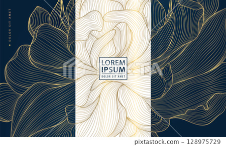 Vector set of flower gold pattern labels, vintage border design, petals abstract texture. Fancy art deco wine design label, wedding cards wallpaper, spa, royal ornament. 128975729