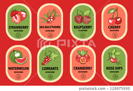 Bright Berry Label Set with Stamps, Fruit Icons, and Logo. Flat Color Illustration Tags for Jam, Juice, Tea, Organic Packaging, Homemade design, Branding. Bright Berry Label Set with Stamps, Fruit Icons, and Logo. Flat Color Illustration Tags for Jam, Juice, Tea, Organic Packaging, Homemade design, Branding. 128975930