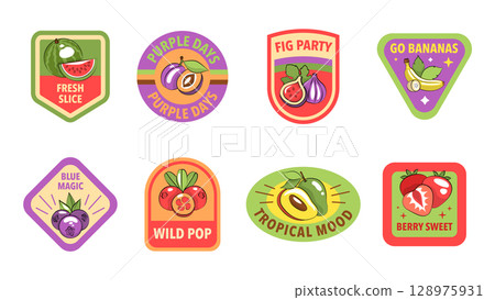 Retro Fruit Stickers with Fun Texts and Icons, Colorful Pop Art Badges for Label Designs, Cool Typography and Bold Style in a vector illustration Retro Fruit Stickers with Fun Texts and Icons, Colorful Pop Art Badges for Label Designs, Cool Typography and Bold Style in a vector illustration 128975931