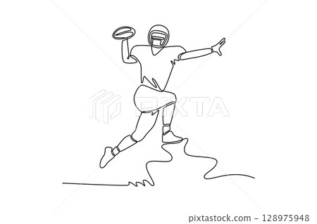 Continuous one line drawing young professional American football player training, throwing ball. Active life, team game, energy, sport, competition. Single line draw design vector graphic illustration 128975948
