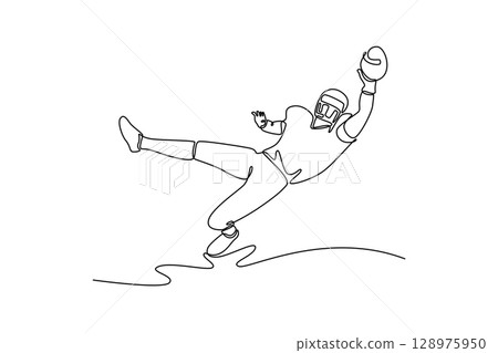 Continuous one line drawing front view young American football player catches the ball and flies in the air. Professional career sport male person. Single line draw design vector graphic illustration Continuous one line drawing front view young American football player catches the ball and flies in the air. Professional career sport male person. Single line draw design vector graphic illustration 128975950