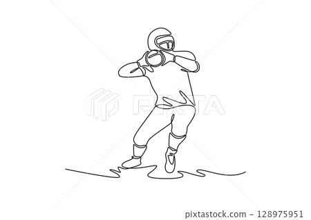 Continuous one line drawing American football player throwing a ball. Professional athlete plays successful pass with teammates during championship. Single line draw design vector graphic illustration 128975951