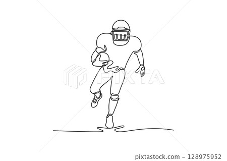 Continuous one line drawing attractive American football player in uniform and protective helmet running toward goal line. Sport, team, competition. Single line draw design vector graphic illustration 128975952