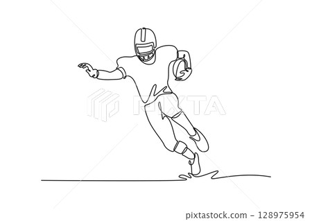 Continuous one line drawing young agile american football player running fast toward goal line. Sportsman in action. Sport, competition, tournament. Single line draw design vector graphic illustration Continuous one line drawing young agile american football player running fast toward goal line. Sportsman in action. Sport, competition, tournament. Single line draw design vector graphic illustration 128975954