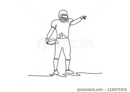 Single continuous line drawing American football player holding the ball in his hand and pointing somewhere. Enjoy the match. Sports, emotion, victory. One line draw graphic design vector illustration Single continuous line drawing American football player holding the ball in his hand and pointing somewhere. Enjoy the match. Sports, emotion, victory. One line draw graphic design vector illustration 128975958