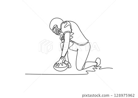 Single continuous line drawing young professional American football player holding the ball on green field. Preparation for game start on national competition. One line draw design vector illustration 128975962
