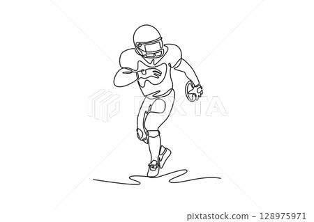 Single one line drawing professional american football player in motion with ball on sports arena. Health, action, motion, competition. Modern continuous line draw design graphic vector illustration 128975971
