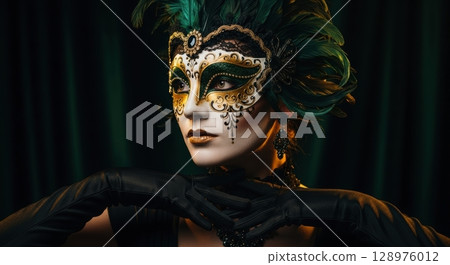 Captivating woman in an elaborate venetian masquerade mask with green and gold accents. 128976012