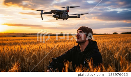Man operating drone in golden wheat field at sunset, capturing aerial footage 128976013