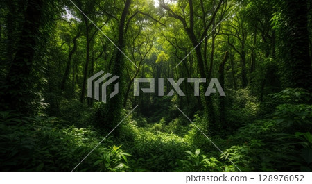 Lush green forest with sunlight filtering through dense canopy and vibrant undergrowth 128976052