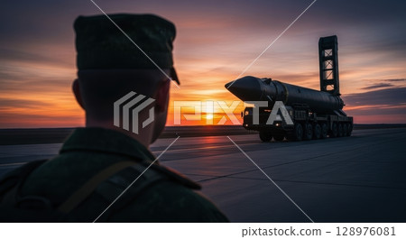 Military soldier observes a strategic ballistic missile on a launcher at dramatic sunset 128976081