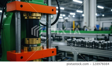 Close up of a green and orange industrial pneumatic pressing machine in a modern factory Close up of a green and orange industrial pneumatic pressing machine in a modern factory 128976084