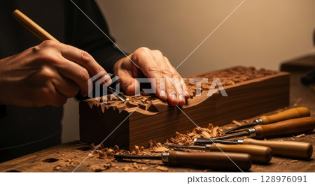 Skilled craftsman hands meticulously carving wood with chisel and tools 128976091