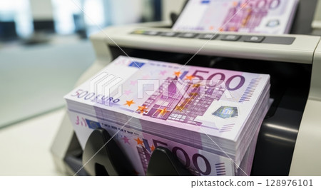 Large stack of 500 euro banknotes being counted by a modern currency machine Large stack of 500 euro banknotes being counted by a modern currency machine 128976101