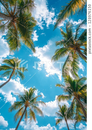 Palm trees with lush leaves rise to meet a vivid blue sky, their shadows and sunlight creating a dreamy tropical mood. 128976150