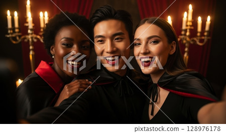 Joyful multiethnic friends dressed as vampires taking a fun selfie at a halloween party 128976178