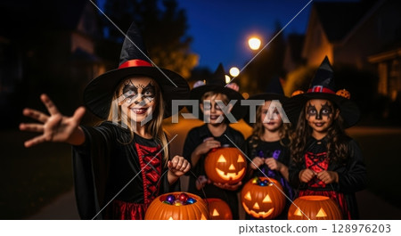 Smiling children in halloween witch costumes with face paint holding pumpkin buckets at night Smiling children in halloween witch costumes with face paint holding pumpkin buckets at night 128976203