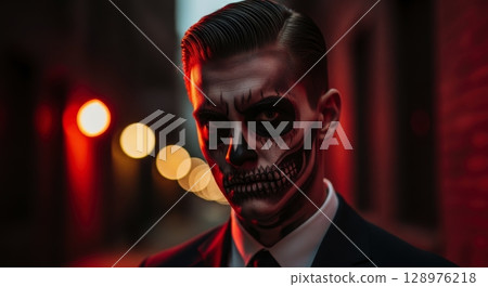 Elegant man with skull face paint and slicked hair in a dark red urban night 128976218