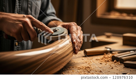 Skilled craftsman hands polishing a curved wooden surface with a buffing tool in a workshop. 128976310