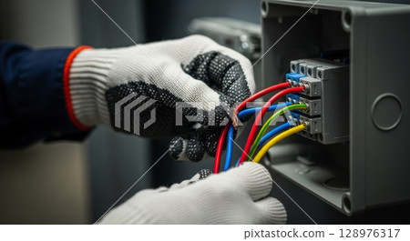 Electrician hands in protective gloves connecting colorful wires to electrical box 128976317