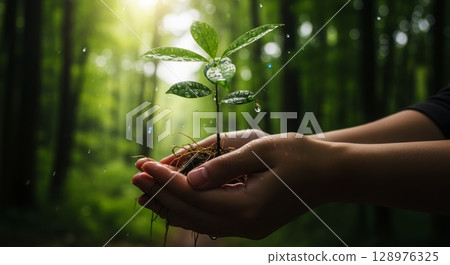 Hands gently holding a vibrant green sapling with water droplets in a lush forest 128976325