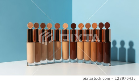 Twelve cosmetic liquid foundation bottles in various skin tones on blue background 128976433